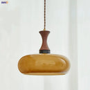 GobekUsa Amber LED Pendant Light Fixture Wood Glass Loft Adjustable Hang Lamp