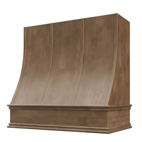 American Walnut Wood Range Hood With Sloped Strapped Front and Decorative Trim - 30", 36", 42", 48", 54" and 60" Widths Available