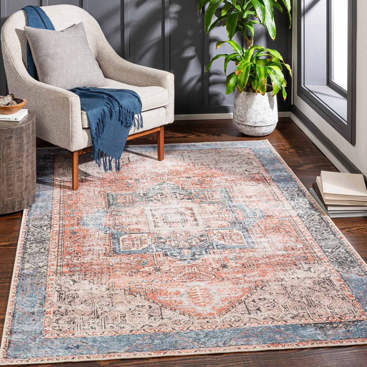 Rosman Distressed Washable Rug, installed in a room