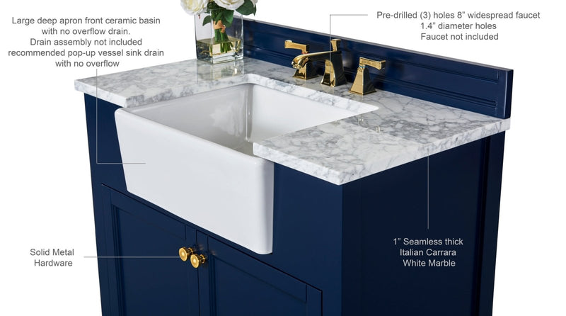 Adeline Bathroom Vanity with Farmhouse Sink and Carrara White Marble Top Cabinet Set