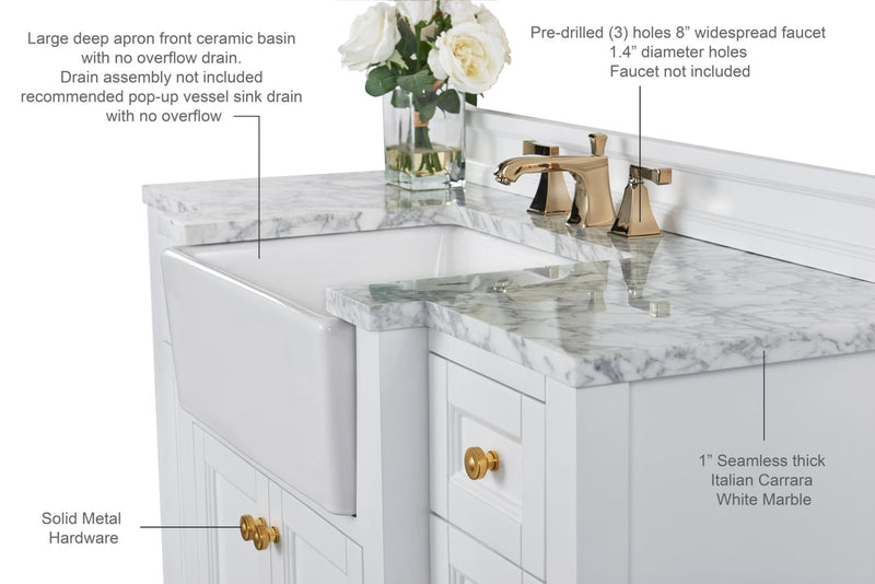 Adeline Bathroom Vanity with Farmhouse Sink and Carrara White Marble Top Cabinet Set