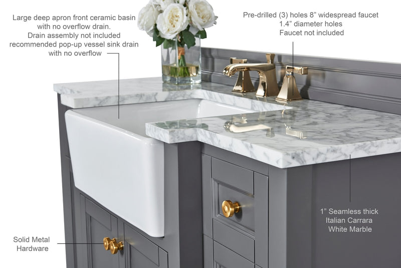 Adeline Bathroom Vanity with Farmhouse Sink and Carrara White Marble Top Cabinet Set