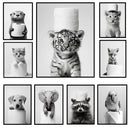 Modern tiger cub toilet paper art framed bathroom wall decor by Decorbites