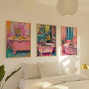 Vibrant pink floral tiger animal canvas painting bathroom wall decor by Decorbites