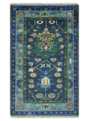 Antique Design Hand Knotted Green Moss and Blue Turkish Oushak Custom Made Wool Area Rug
