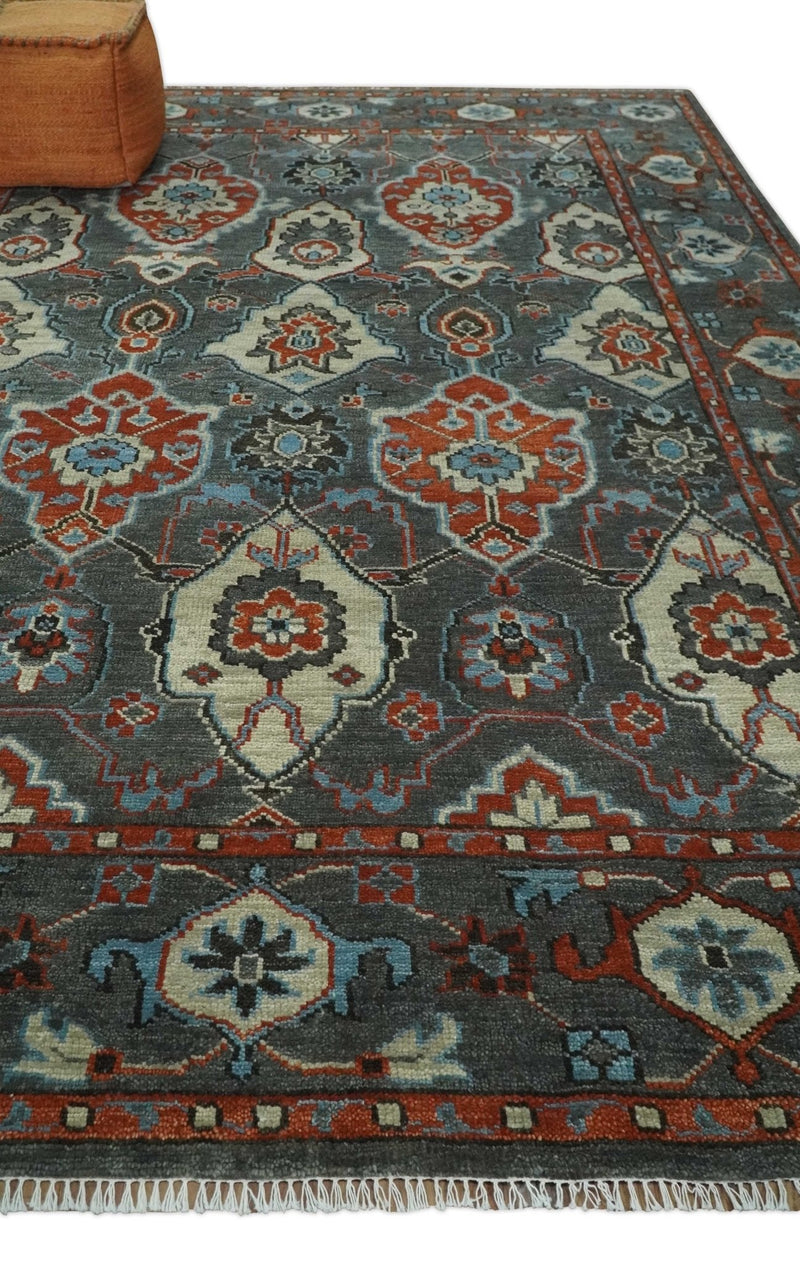 Antique look Gray, Rust and Ivory Hand knotted Traditional Oushak Multi Size Area Rug