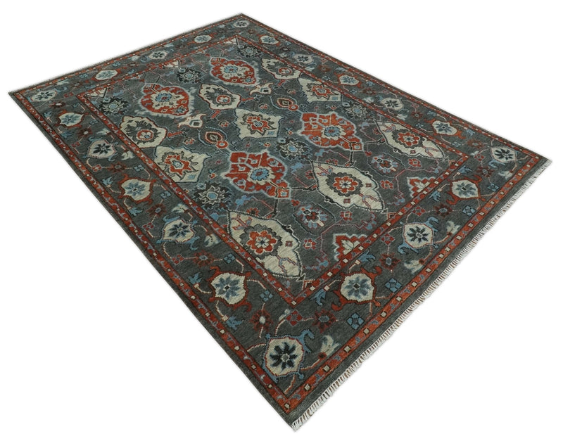 Antique look Gray, Rust and Ivory Hand knotted Traditional Oushak Multi Size Area Rug