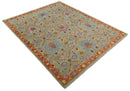 Wool Area Rug Vintage Oushak Traditional Hand Knotted in Beige Rust Pink and Blue