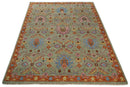 Wool Area Rug Vintage Oushak Traditional Hand Knotted in Beige Rust Pink and Blue