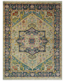 Custom Made Antique look Hand Knotted Camel, Teal and Charcoal Traditional Heriz Serapi Wool Rug