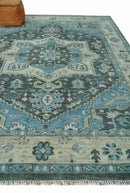 Antique look Hand Knotted Charcoal, Camel and Blue Traditional Heriz Serapi Multi size Wool Area Rug