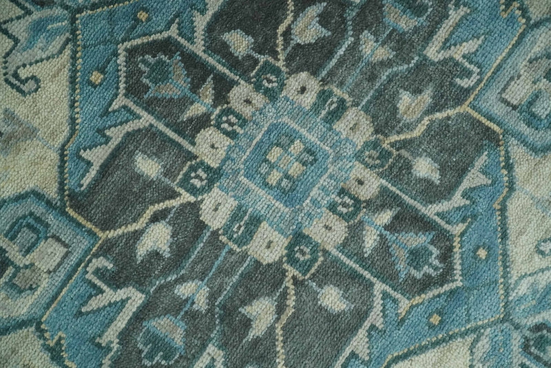 Antique look Hand Knotted Charcoal, Camel and Blue Traditional Heriz Serapi Multi size Wool Area Rug