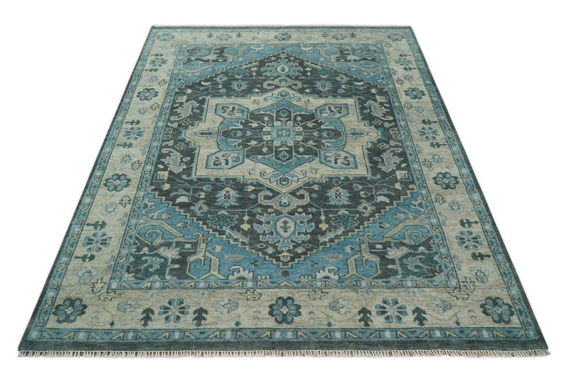 Antique look Hand Knotted Charcoal, Camel and Blue Traditional Heriz Serapi Multi size Wool Area Rug