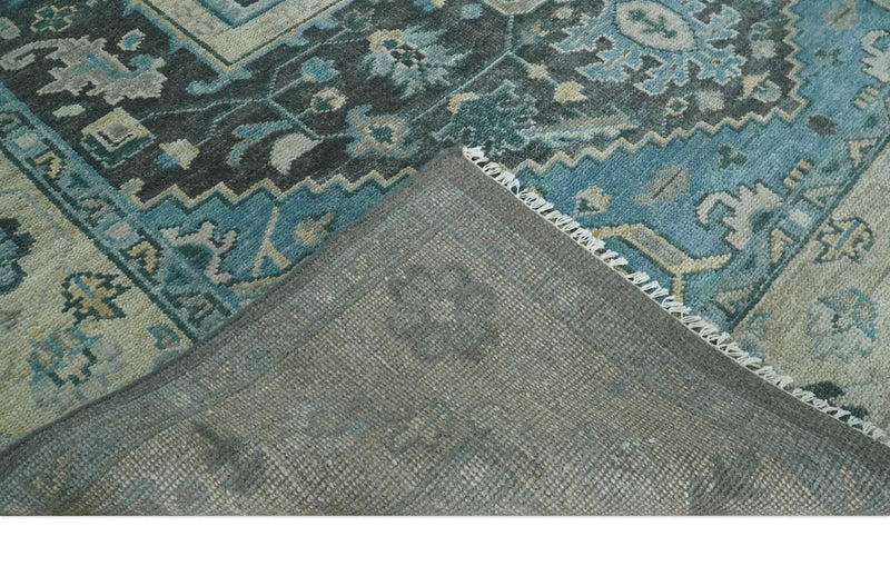 Antique look Hand Knotted Charcoal, Camel and Blue Traditional Heriz Serapi Multi size Wool Area Rug