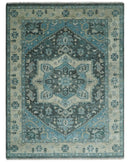 Antique look Hand Knotted Charcoal, Camel and Blue Traditional Heriz Serapi Multi size Wool Area Rug
