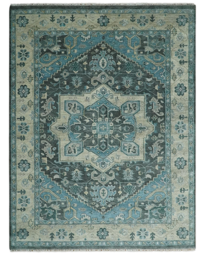 Antique look Hand Knotted Charcoal, Camel and Blue Traditional Heriz Serapi Multi size Wool Area Rug