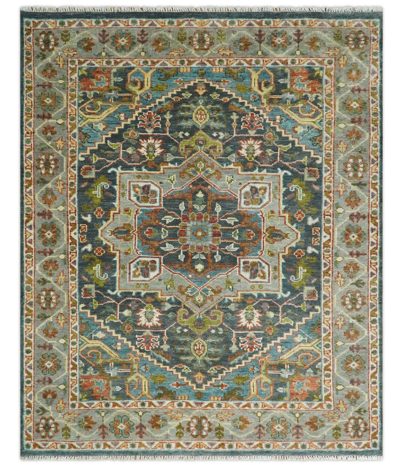 Hand Knotted Charcoal, Camel and Teal Traditional Heriz Serapi Multi size Wool Area Rug