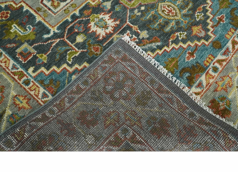 Hand Knotted Charcoal, Camel and Teal Traditional Heriz Serapi Multi size Wool Area Rug