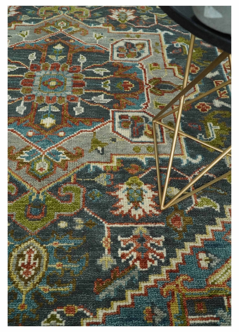 Hand Knotted Charcoal, Camel and Teal Traditional Heriz Serapi Multi size Wool Area Rug