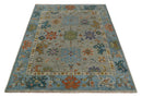 Gray Beige Blue Hand Knotted Wool Area Rug - Oushak Vintage Style