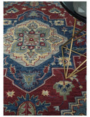 Wool Area Rug Antique Maroon and Blue Hand Tufted Heriz Medallion by The Rug Decor