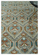 Hand Knotted Wool Area Rug - Antique Look Silver Ivory Rust Traditional Style