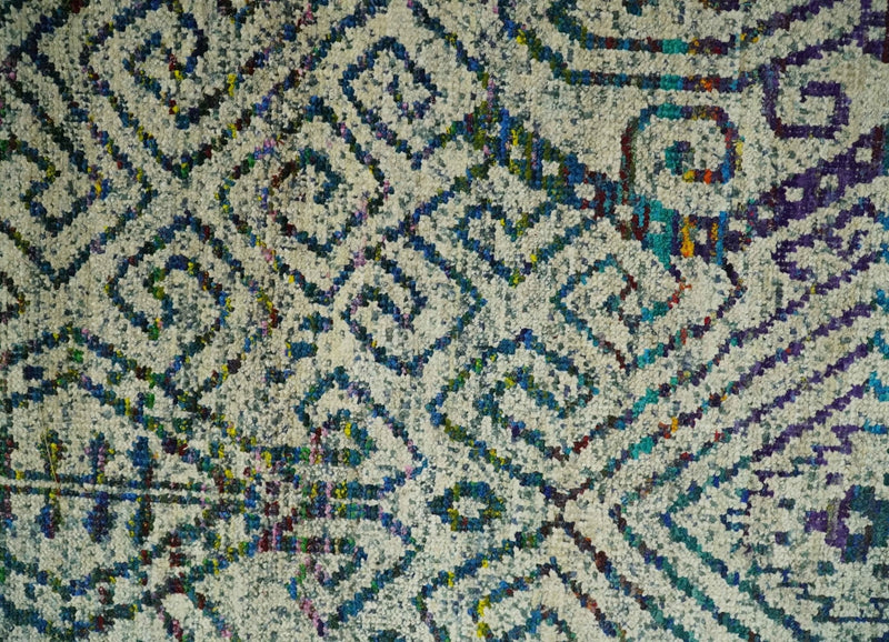 Antique 8x10 Hand Knotted Beige and Blue Persian made of Recycled Silk Area Rug | OP25