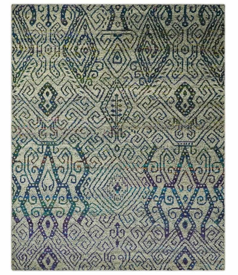 Antique 8x10 Hand Knotted Beige and Blue Persian made of Recycled Silk Area Rug | OP25