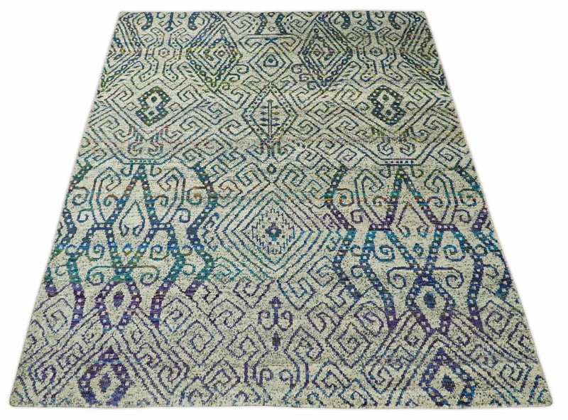 Antique 8x10 Hand Knotted Beige and Blue Persian made of Recycled Silk Area Rug | OP25
