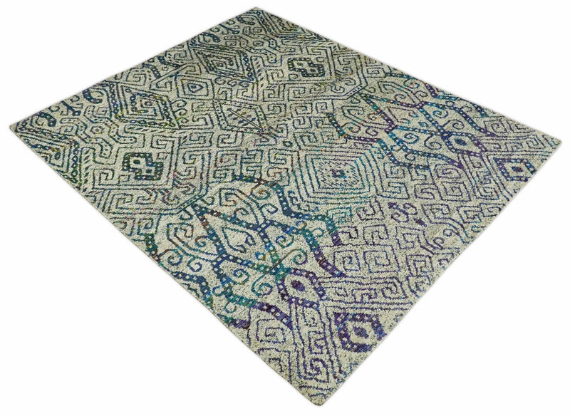 Antique 8x10 Hand Knotted Beige and Blue Persian made of Recycled Silk Area Rug | OP25