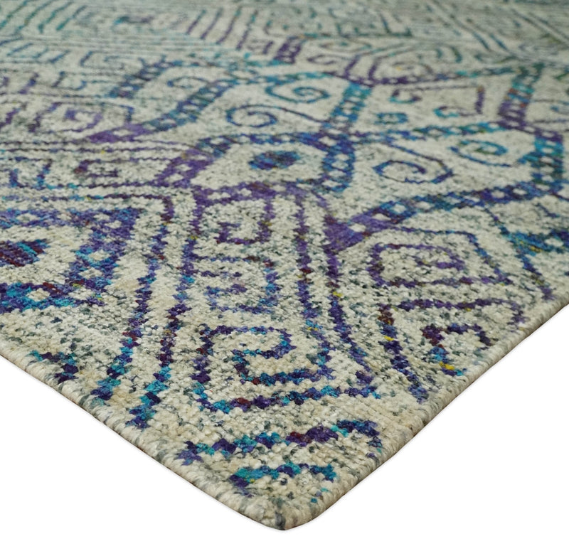 Antique 8x10 Hand Knotted Beige and Blue Persian made of Recycled Silk Area Rug | OP25