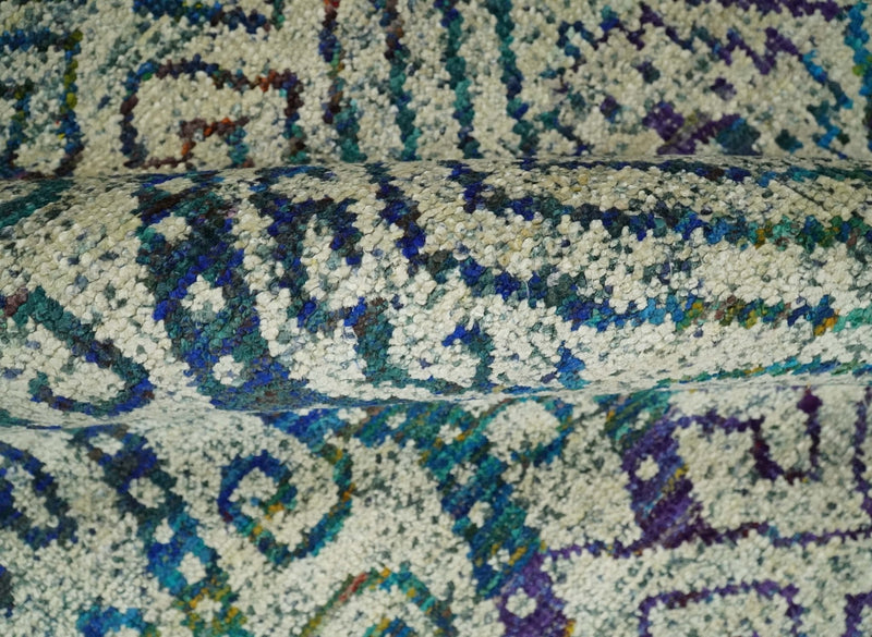 Antique 8x10 Hand Knotted Beige and Blue Persian made of Recycled Silk Area Rug | OP25