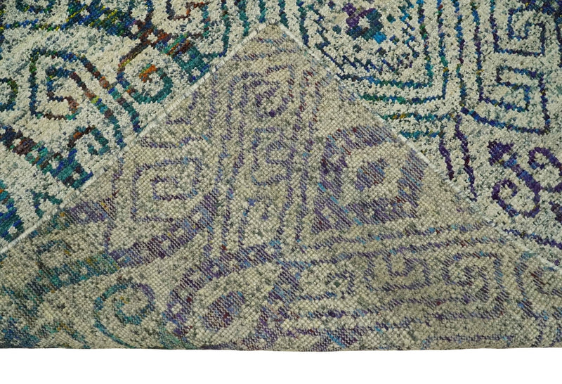 Antique 8x10 Hand Knotted Beige and Blue Persian made of Recycled Silk Area Rug | OP25