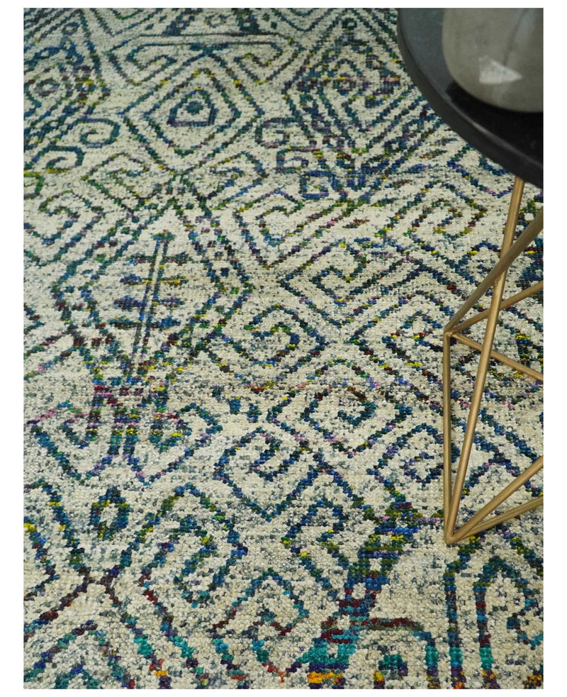 Antique 8x10 Hand Knotted Beige and Blue Persian made of Recycled Silk Area Rug | OP25