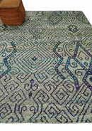 Antique 8x10 Hand Knotted Beige and Blue Persian made of Recycled Silk Area Rug | OP25