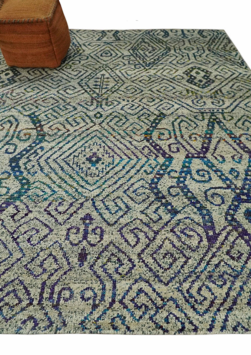 Antique 8x10 Hand Knotted Beige and Blue Persian made of Recycled Silk Area Rug | OP25