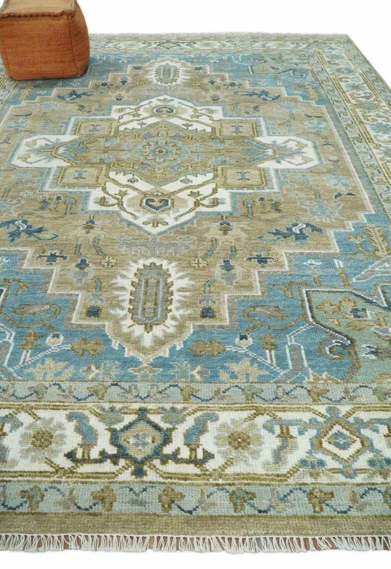 Antique Olive, Blue and Ivory Heriz Serapi Multi Size Wool Area Rug