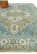 Antique Olive Blue Ivory Heriz Serapi Hand-Knotted Wool Area Rug by The Rug Decor