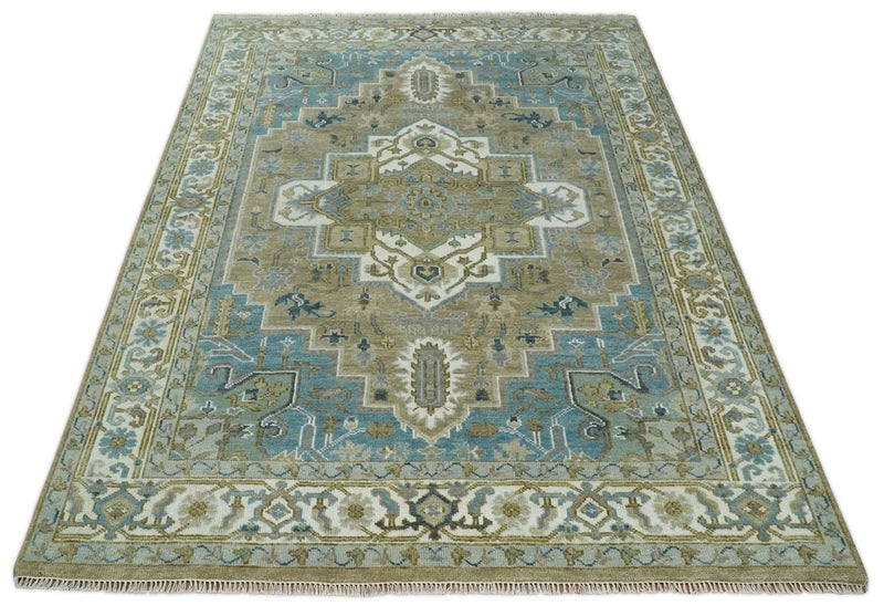 Antique Olive, Blue and Ivory Heriz Serapi Multi Size Wool Area Rug