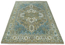 Antique Olive Blue Ivory Heriz Serapi Hand-Knotted Wool Area Rug by The Rug Decor