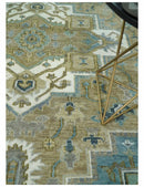 Antique Olive Blue Ivory Heriz Serapi Hand-Knotted Wool Area Rug by The Rug Decor