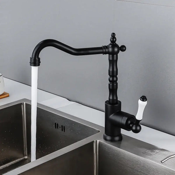 GobekUsa Black Antique Kitchen Faucet Single Lever Mixer Tap Hot Cold Water Chrome