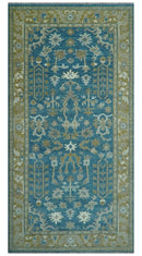 Antique Blue and Brown Persian Oushak Hand Knotted Wool Area Rug by The Rug Decor