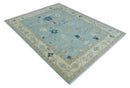 Antique Blue Ivory Beige Wool Traditional Oushak Area Rug Hand-Knotted by The Rug Decor