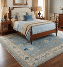 Antique Blue Ivory Beige Wool Traditional Oushak Area Rug Hand-Knotted by The Rug Decor