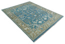 Antique Blue and Brown Persian Oushak Hand Knotted Wool Area Rug by The Rug Decor