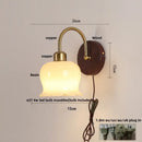 GobekUsa LED Wall Light Glass Fixture Pull Chain Switch Wood Bedside Sconce