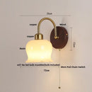GobekUsa LED Wall Light Glass Fixture Pull Chain Switch Wood Bedside Sconce
