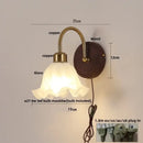 GobekUsa LED Wall Light Glass Fixture Pull Chain Switch Wood Bedside Sconce