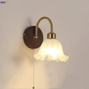GobekUsa LED Wall Light Glass Fixture Pull Chain Switch Wood Bedside Sconce